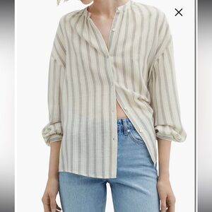 Mango Stripe Balloon Sleeve Button-Up Shirt Size Large
